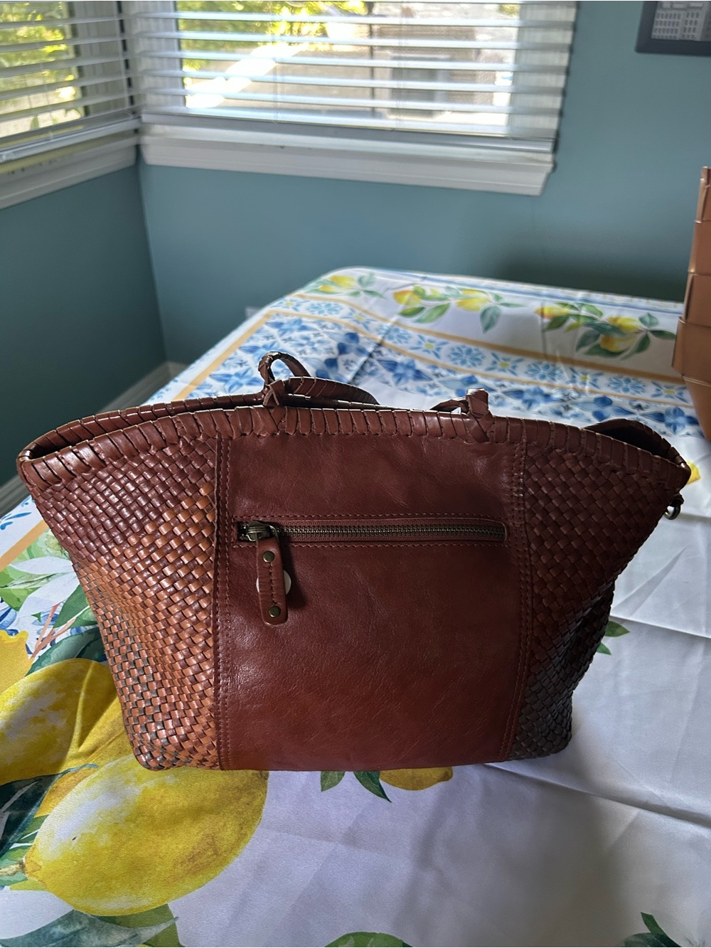 Woven Genuine Leather Tote Bag - Brown Ombré - Picture 2 of 4